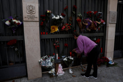 People pay tribute to the victims of a shooting attack at the Crocus City Hall concert venue in the Moscow Region, outside...