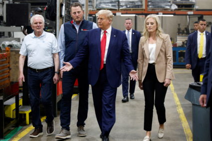 Former U.S. President and Republican presidential candidate Trump addresses auto workers as he skips the second GOP debate...