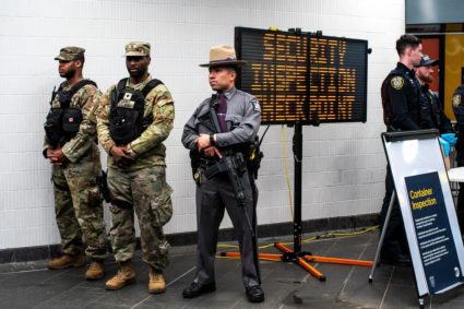 Members of the New York State National Guard and New York City Police Department (NYPD) do a ramdom check point inside the...