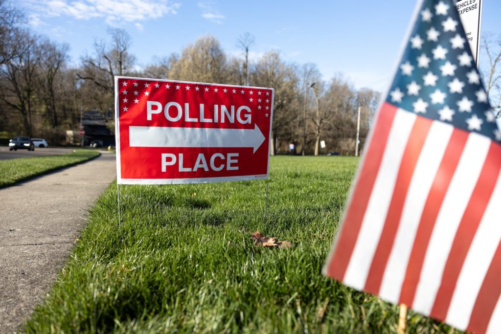 A view shows a polling place sign as the Democratic and Republican parties hold primary elections in Dayton, Ohio, U.S. Ma...