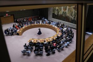 Members of the United Nations Security Council vote on a Gaza resolution that demands an immediate ceasefire, in New York