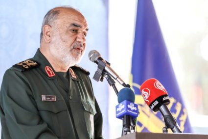 Islamic Revolutionary Guard Corps (IRGC) Commander-in-Chief Major General Hossein Salami speaks during the ceremony of joi...