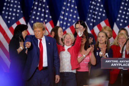 Republican presidential candidate and former U.S. President Donald Trump gestures during a campaign rally in Green Bay, Wisconsin, U.S., April 2, 2024. Photo by Brian Snyder/Reuters