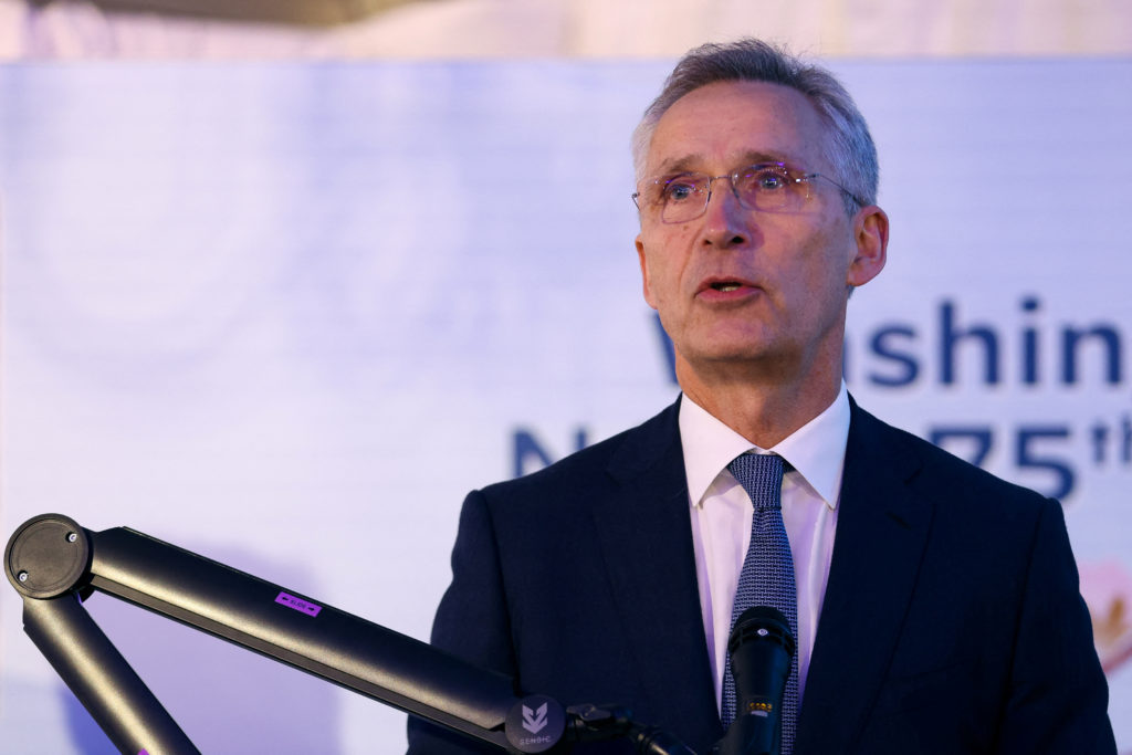 NATO Secretary General Jens Stoltenberg attends a ceremony marking the 75th anniversary of the signing of the North Atlant...