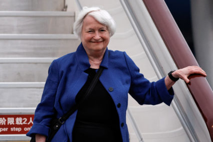 U.S. Treasury Secretary Janet Yellen arrives at Guangzhou Baiyun International Airport, in Guangzhou