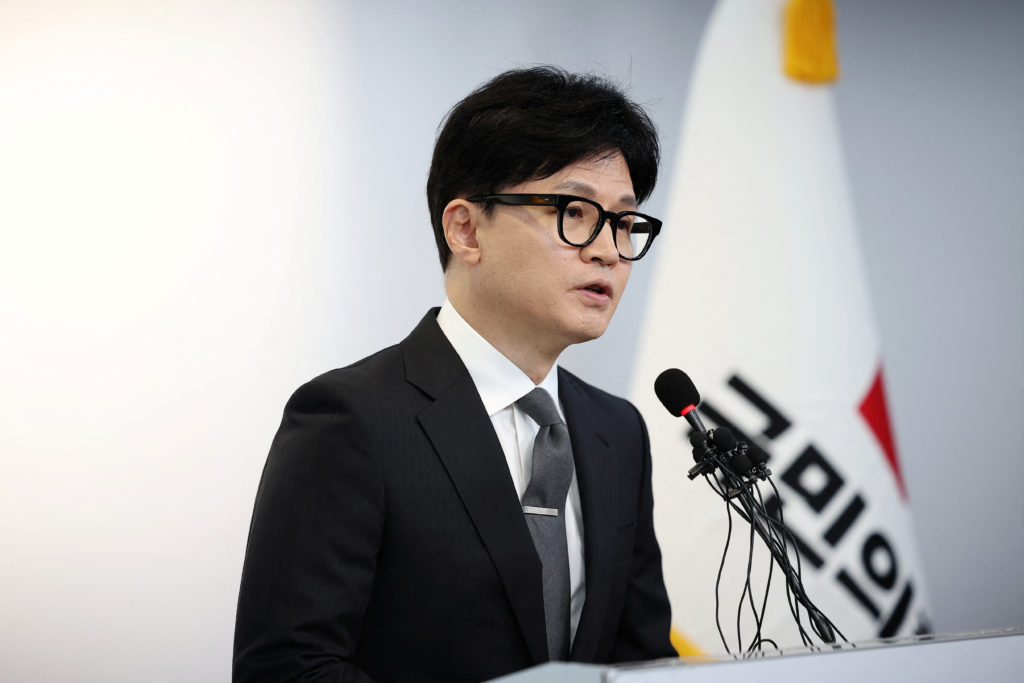 South Korean ruling People Power Party's leader Han Dong-hoon speaks at a press conference following the 22nd parliamentar...
