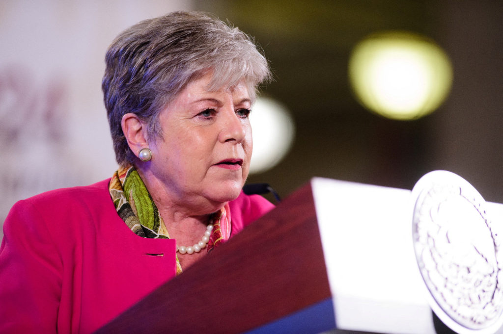 Mexican Foreign Minister Alicia Barcena speaks during a news conference as Mexico is calling for Ecuador to be suspended from the United Nations until the South American country issues a public apology for its raid on Mexico's embassy in Quito, in Mexico City, Mexico, April 11, 2024. Photo provided by Mexico Presidency/Handout via REUTERS