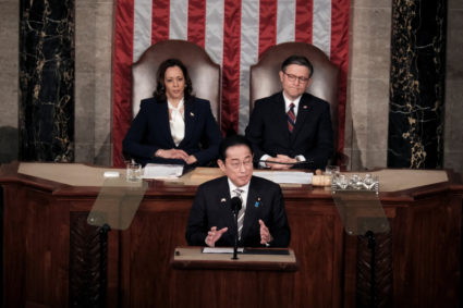 Japanese Prime Minister Fumio Kishida addresses a joint meeting of Congress, as U.S. Vice President Kamala Harris and House Speaker Mike Johnson (R-LA) listen, at the U.S. Capitol in Washington, U.S., April 11, 2024. Photo by Michael A. McCoy/Reuters