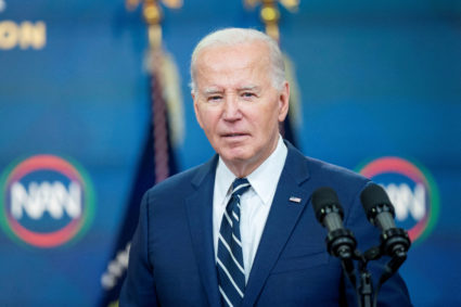 U.S. President Joe Biden delivers virtual remarks during the National Action Network Convention from the Eisenhower Executive Office Building's South Court Auditorium at the White House in Washington, U.S., April 12, 2024. Photo by Bonnie Cash/Reuters