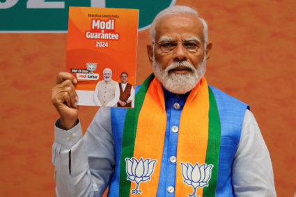 Indian PM Modi presents BJP election manifesto, in New Delhi