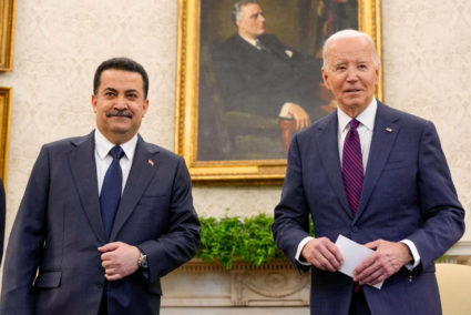 U.S. President Joe Biden meets with Iraqi Prime Minister Mohammed Shia al-Sudani at the White House in Washington, U.S., April 15, 2024. Iraqi Photo by Prime Minister Media Office/Handout via REUTERS
