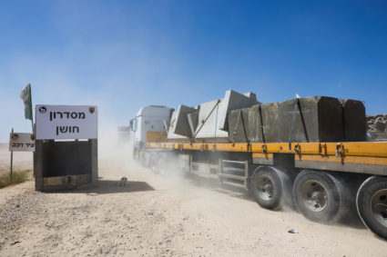 A truck carrying concrete for construction manoeuvres in the Israel-Gaza border, before entering Gaza, amid the ongoing co...