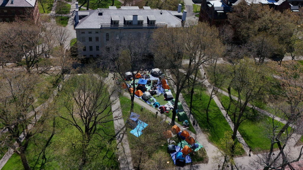 Encampment where students protest in support of Palestinians, at Harvard University in Cambridge