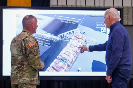U.S. President Joe Biden visits the Maryland Transportation Authority Police Headquarters near the collapsed Francis Scott...
