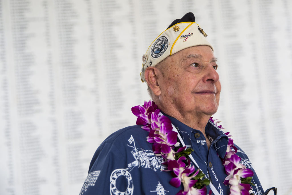USS Arizona survivor Lou Conter looks on near the Arizona Remembrance Wall during a memorial service marking the 74th Anni...
