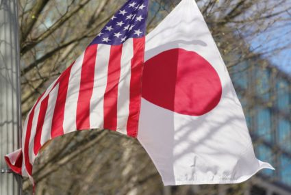 Japanese and U.S. flags at the White House in Washington ahead of State Visit