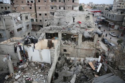 Site of an Israeli strike on a house, amid the ongoing conflict between Israel and the Palestinian Islamist group Hamas, i...