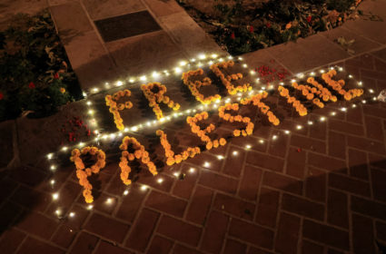 A flower arrangement that reads "Free Palestine" is placed on the ground during a protest in support of Palestinians in Gaza at the University of Southern California (USC), amid the ongoing conflict between Israel and the Palestinian Islamist group Hamas, in Los Angeles, California, U.S. April 27, 2024. Photo by David Swanson/Reuters