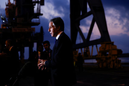 U.S. Secretary of State Antony Blinken speaks to the press at the port of Ashdod, in Ashdod, Israel, May 1, 2024. Photo by Evelyn Hockstein/Pool/Reuters