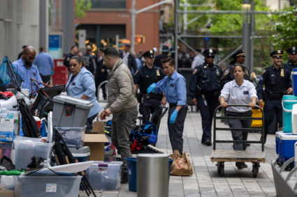 Police stand guard at the NYU campus, after students and pro-Palestinian supporters were removed after days of encampment,...