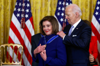 U.S. President Joe Biden presents the Presidential Medal of Freedom to U.S. Representative and former House Speaker Nancy Pelosi (D-CA) during a ceremony at the White House in Washington, U.S., May 3, 2024. Photo by Evelyn Hockstein/Reuters