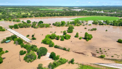An aerial view of a flooded area, in Brooks Crossing, Texas