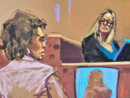 Stormy Daniels is questioned by defense attorney Susan Necheles during Former U.S. President Donald Trump's criminal trial on charges that he falsified business records to conceal money paid to silence porn star Stormy Daniels in 2016, in Manhattan state court in New York City, U.S., May 9, 2024 in this courtroom sketch. Photo by Jane Rosenberg/Reuters