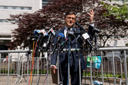 U.S. Speaker of the House Mike Johnson (R-LA) speaks during a press conference after attending the trial of former U.S. President Donald Trump for allegedly covering up hush money payments linked to extramarital affair with Stormy Daniels, at Manhattan Criminal Court in New York City, U.S., May 14, 2024. Photo by Cheney Orr/Reuters