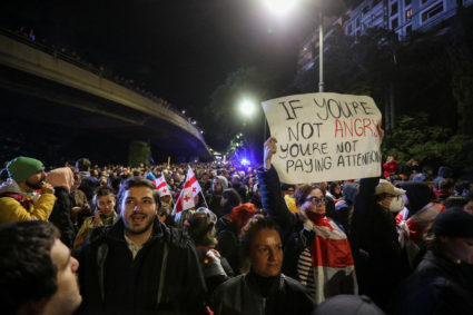 Demonstrators hold a rally to protest against a bill on "foreign agents" in Tbilisi, Georgia, May 14, 2024. Photo by Irakli Gedenidze/Reuters