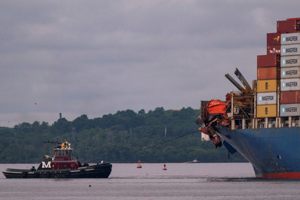 The cargo ship 'Dali' moves from the Francis Scott Key Bridge, in Baltimore