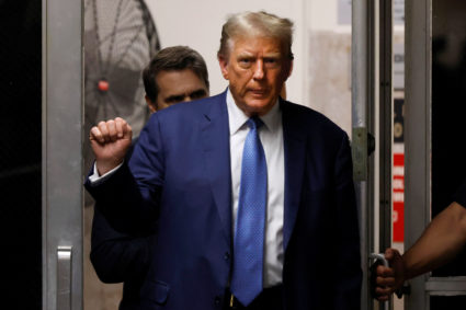 Former U.S. President Donald Trump returns to the courtroom after a short break during his hush money trial at Manhattan Criminal Court in New York City, U.S., 20 May 2024. Photo by Michael M. Santiago/Pool via REUTERS