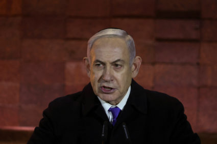 FILE PHOTO: Israeli Prime Minister Benjamin Netanyahu speaks during the opening ceremony marking Israel's national Holocaust Remembrance Day at Yad Vashem, the World Holocaust Remembrance Center, in Jerusalem May 5, 2024. Photo by Ronen Zvulun/Reuters
