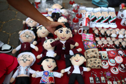 Political merchandise of Mexican president Andres Manuel Lopez Obrador and presidential candidate of the ruling MORENA party Claudia Sheinbaum are seen during her campaign rally in Mexico City, Mexico May 22, 2024. Photo by Raquel Cunha/Reuters