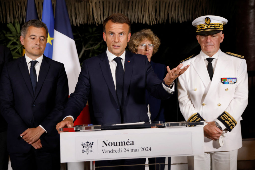 France's President Emmanuel Macron delivers a speech at New Caledonia's High Commissioner residency during his trip to the Pacific archipelago of New Caledonia in an attempt to resolve a political crisis, in Noumea on May 22, 2024. France's president held a flurry of meetings with local representatives in the restive Pacific territory of New Caledonia, urging calm after deadly rioting, and vowing thousands of military reinforcements will stay in place to quell the "unprecedented insurrection". Photo by LUDOVIC MARIN/Pool via REUTERS