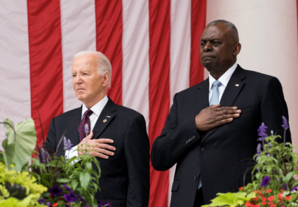 U.S. President Joe Biden and Secretary of Defense Lloyd Austin attend the National Memorial Day Wreath-Laying and Observance Ceremony at Arlington National Cemetery in Washington, U.S., May 27, 2024. Photo by Ken Cedeno/Reuters