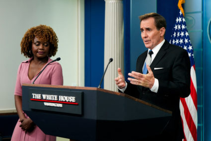 White House National Security Communications Advisor John Kirby speaks during a press briefing in Washington