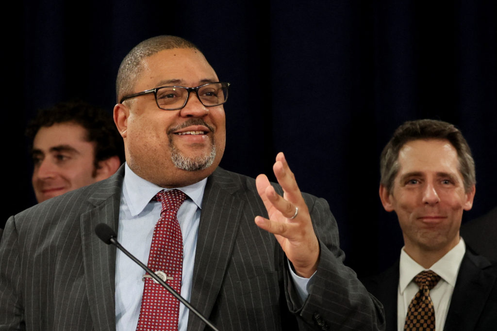 Manhattan District Attorney Alvin Bragg speaks after the guilty verdict in former U.S. President Donald Trump's criminal t...