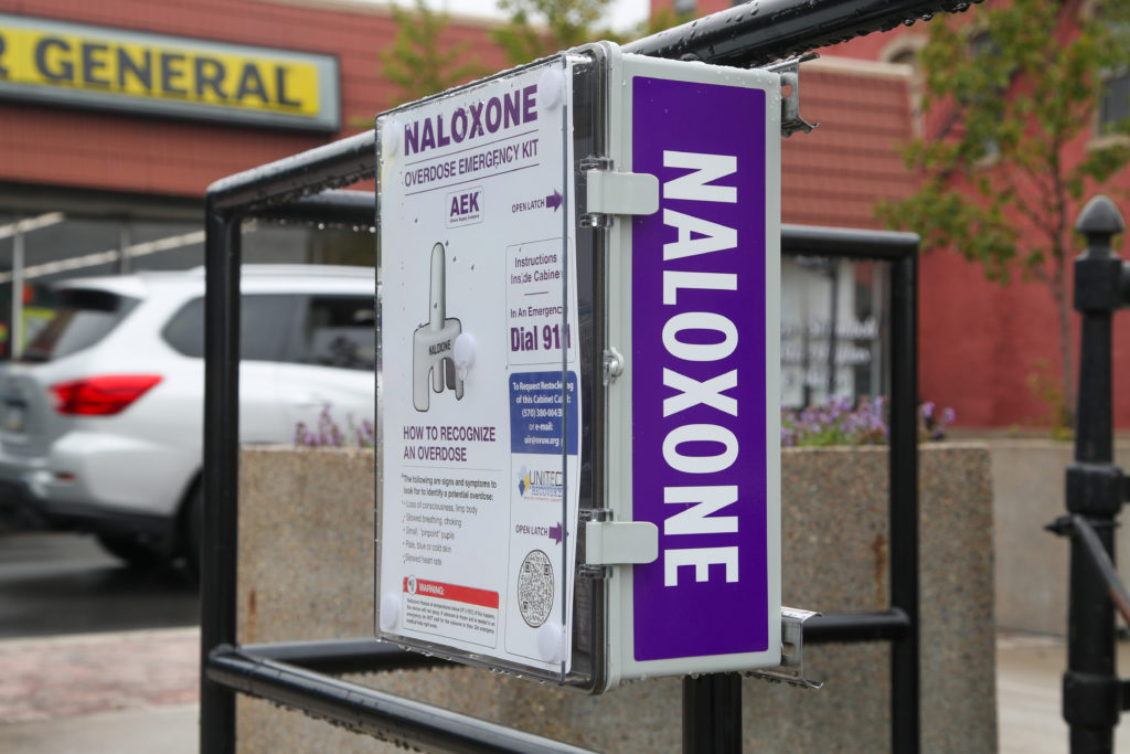 A box containing Naloxone overdose emergency kits was