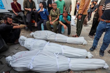 Funeral of Palestinians killed in Israeli strike, in Deir Al-Balah in the central Gaza Strip