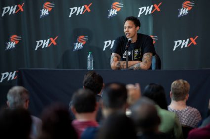 Brittney Griner holds a news conference ahead of return to court with Phoenix Mercury