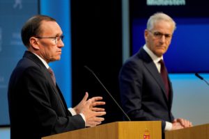 Norway's Prime Minister Jonas Gahr Store attends a press conference in Oslo