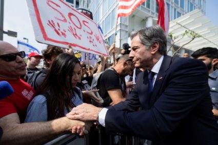 U.S. Secretary of State Antony Blinken meets with the families of the hostages outside of a hotel, in Tel Aviv