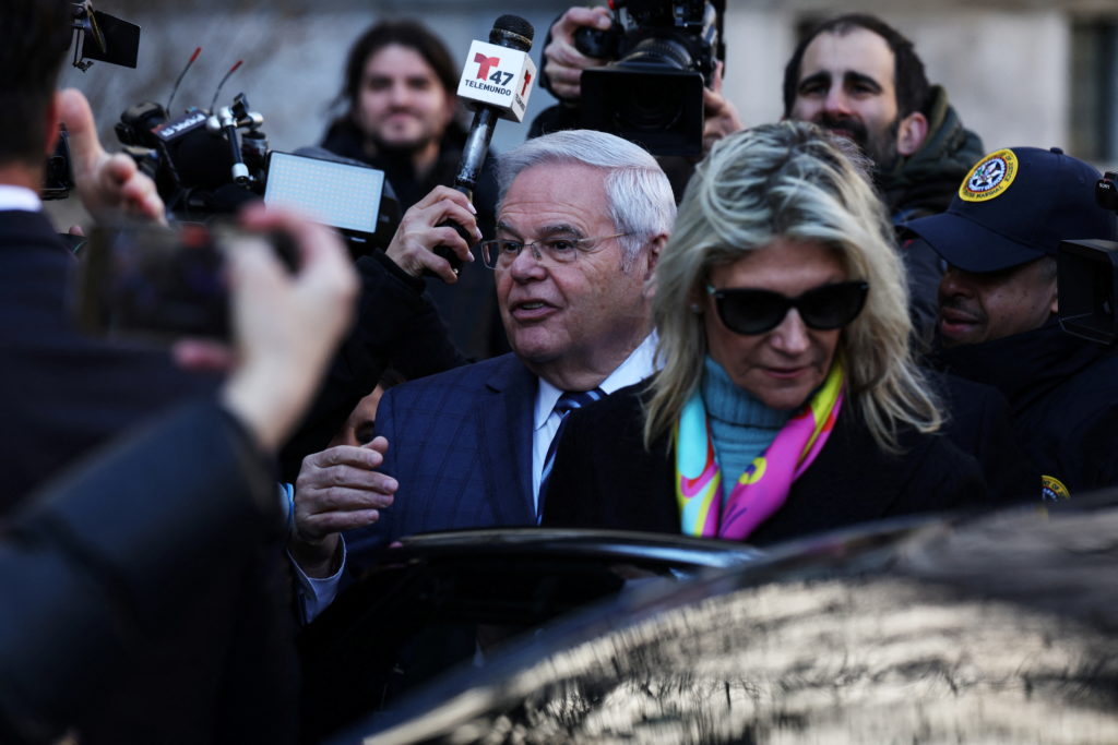 U.S. Senator Bob Menendez leaves his arraignment on a new 18-count indictment , at Manhattan federal court in New York City