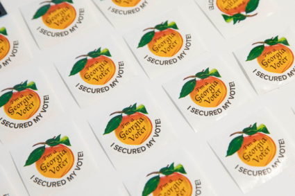 Voting stickers are displayed during the Georgia primary on Election Day at the Metropolitan Library in Atlanta