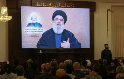 Lebanon's Hezbollah leader Sayyed Hassan Nasrallah gives a televised address during a ceremony, in Beirut's southern suburbs