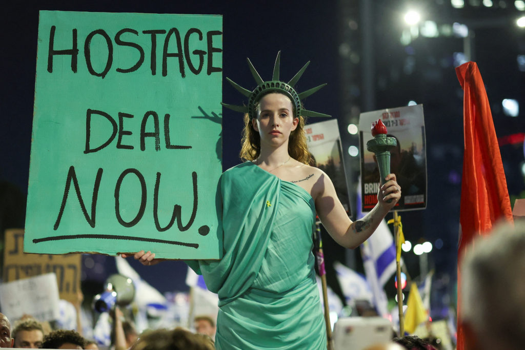 Protest against Israeli PM Netanyahu's government and to call for the release of hostages, in Tel Aviv
