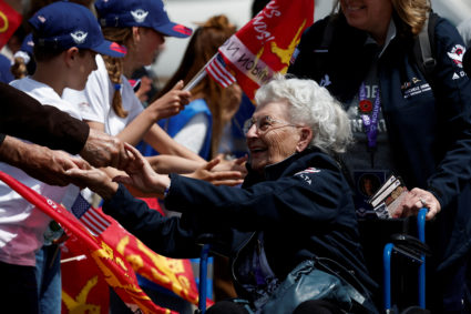 World War II Veteran Anna Mae Krier "Rosie the Riveter", 98, arrives at Deauville airport from Atlanta to commemorate the 80th anniversary of the 1944 D-Day landings in Deauville, Normandy region, France, June 3, 2024. Photo by Benoit Tessier/Reuters