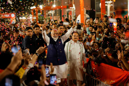 Indian PM Modi speaks to supporters at BJP headquarters, in New Delhi