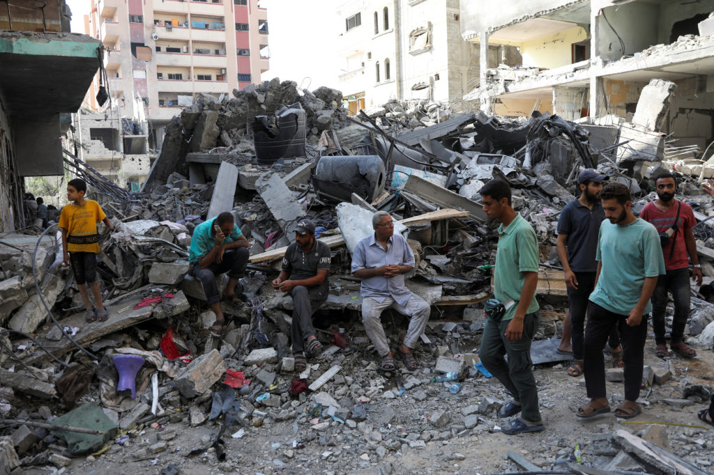 Aftermath of Israeli strikes at the area where Israeli hostages were rescued on Saturday, in Nuseirat refugee camp