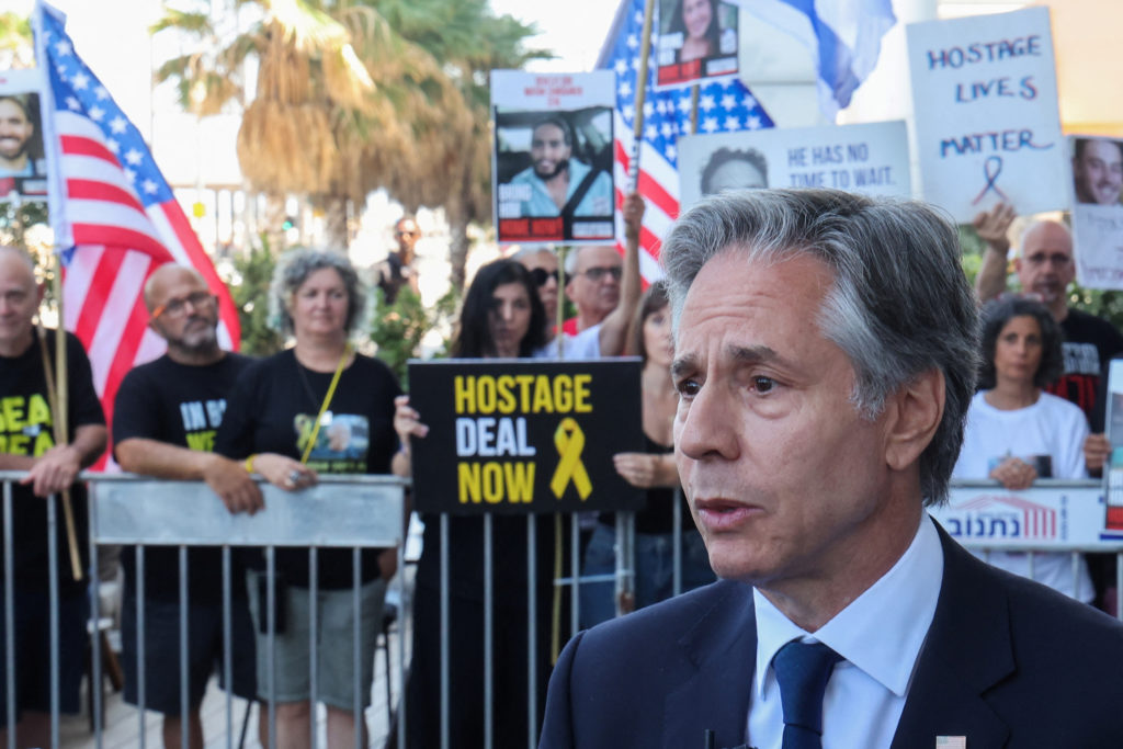 US Secretary of State Blinken meets families and supporters of Israelis held hostage in Gaza, in Tel Aviv